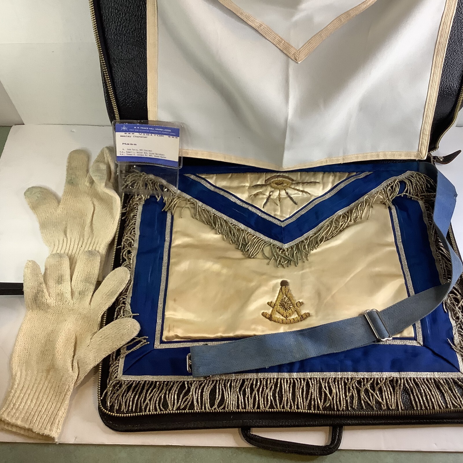 Masonic Leather Case Apron Embroidered, Blue Fringe 1980’s
