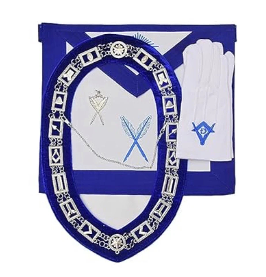 Masonic Blue Lodge Officer Aprons, Chain Collar with jewel,Glove Set Pack of 12